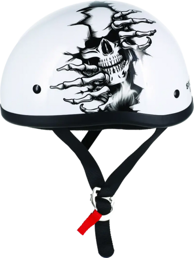 White motorcycle helmet with skull graphic from Skid Lids Born Wild collection
