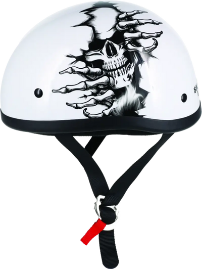 White motorcycle helmet with skull graphic from Skid Lids Born Wild collection