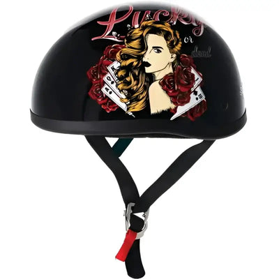 Black Skid Lids Lucky Lady helmet with roses and playing cards design for women