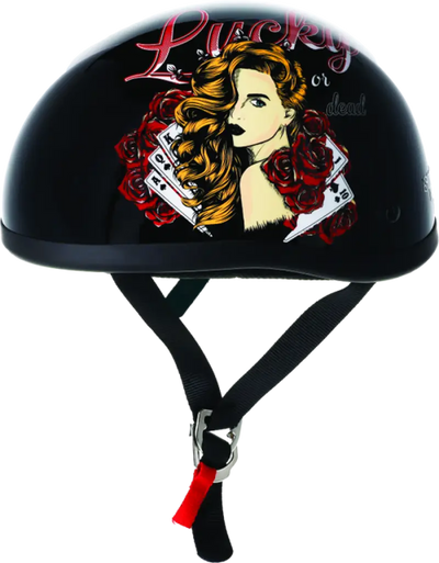 Black Skid Lids Lucky Lady helmet with woman and playing cards design for stylish riding