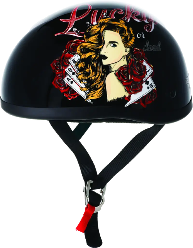 Black novelty motorcycle helmet from Skid Lids Lucky Lady collection for XS size