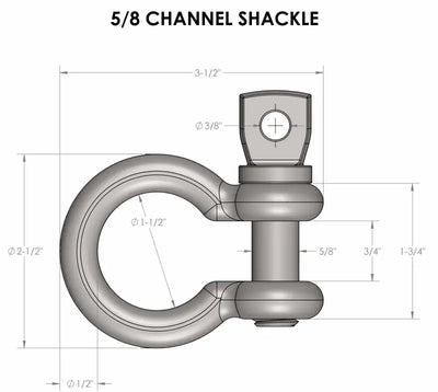 SMALLSHACKLE Bulletproof 5/8' Channel Shackles for RV, Automotive, Powersports, off-road and marine use. Diagram displaying the 5/8" shackle design with precise measurements. Durable, corrosion-resistant, ideal for towing & hitches, truck & automotive, towing | trailer | axles | brakes | boat. AVADA - Best Sellers, Must Haves