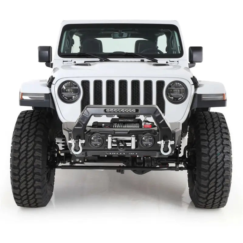 White Jeep Wrangler with aftermarket bumper and tinted windows in Smittybilt Repl Top W Tint Den Spc