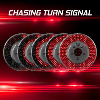 Spare tire brake light with smoke lens, red/white LED bulbs, running, brake, reverse, sequential turn functions, 4 pin trailer plug, hub mount.