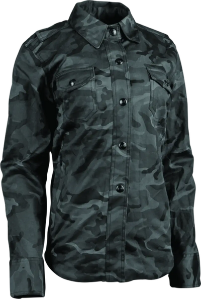 Camouflage button-down shirt from Speed Society Armored Moto Shirt collection for women