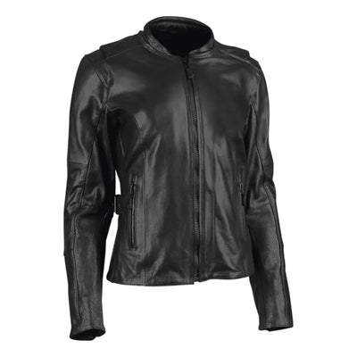 Black leather motorcycle jacket from Speed and Strength Throttle Body line for women