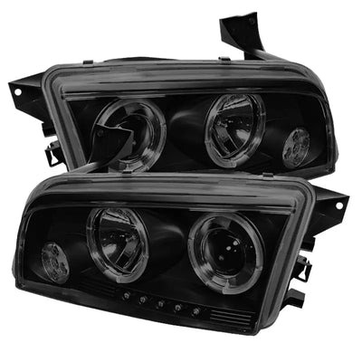 Black projector headlights for Dodge Charger with LED halo and halogen PRO-YD-DCH05-LED-BSM