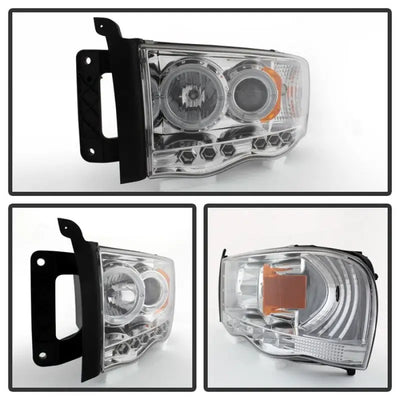 Chrome projector headlight assembly for Spyder Dodge Ram 1500 and 2500 with LED Halo