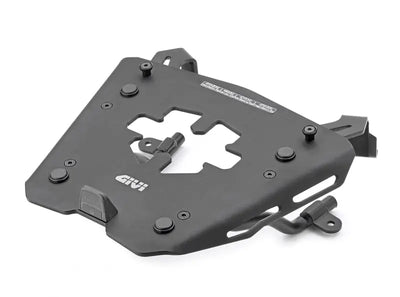 Black metal motorcycle top case rack with matte black luggage mounting hardware