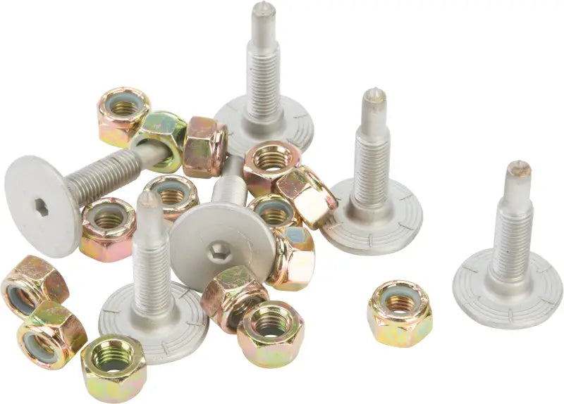 Silver-colored Signature Series Trail Studs with hex heads and gold locking nuts