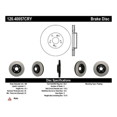 Brake disc with detailed specs for Honda Civic, Stoptech Cryo-Stop Rotor front rotor