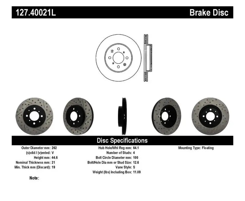 Stoptech StopTech 90-01 Acura Integra (exc. Type R) / 01-05 Honda Civic / 07+ Honda Fit / 93-97 Del Sol VTEC