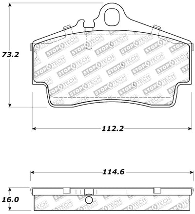 Brake pads with dimensions for StopTech Performance 97-04 Porsche Boxster rear brake pads