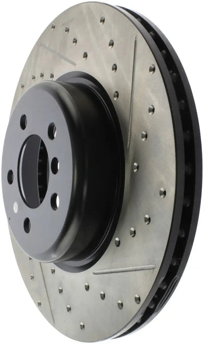StopTech Sport Drilled slotted rear left rotor, silver perforated with black hub