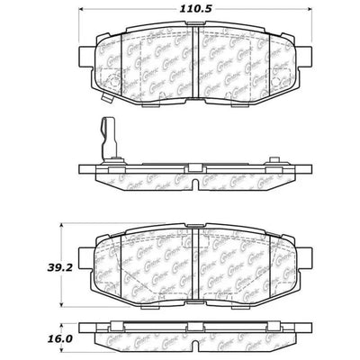 Automotive brake pads with dimensions for StopTech Street Touring rear brake pads on Subaru BRZ