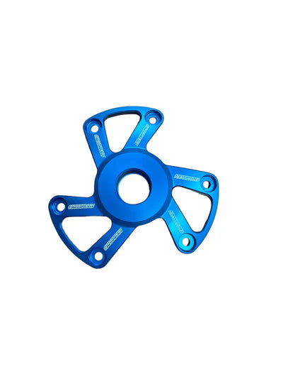 Blue three-pronged metal bicycle chainring for Polaris P22 clutch cover upgrade