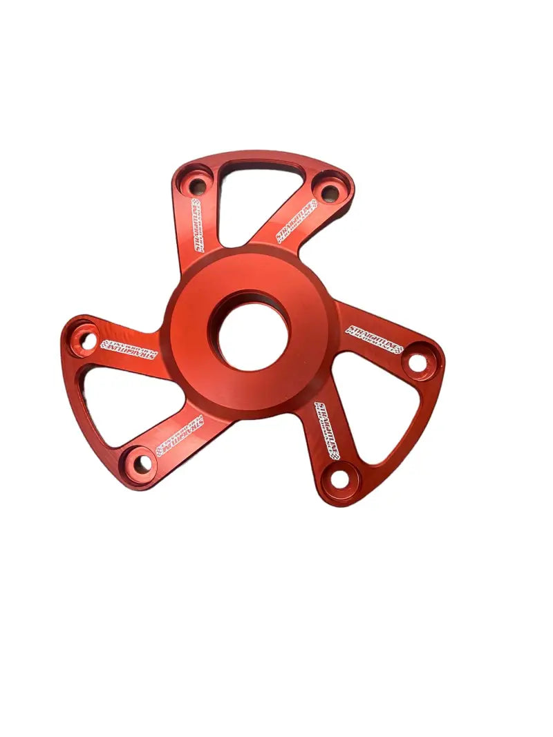 Red anodized aluminum three-spoke bicycle chainring spider for Polaris P22 clutch cover