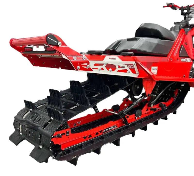 Red snowmobile chassis with exposed track and suspension for Straightline 182-121-RED Black Red Pol rear bump