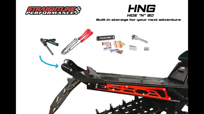 Snowmobile rear bump with integrated storage for tools and first aid on Straightline 182-121-White Hide N Go Pol
