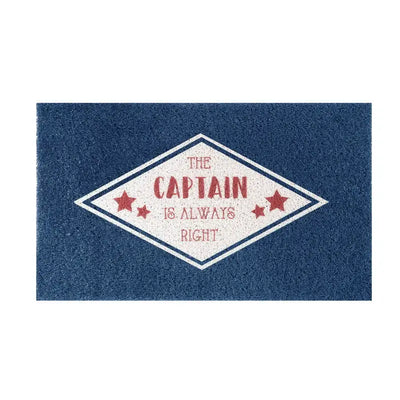 "The Captain Is Always Right" navy blue doormat by Kittrich, STRB-21477-10, unique nautical home decor.