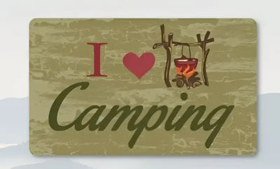 I love Camping rustic design with a campfire pot on olive background