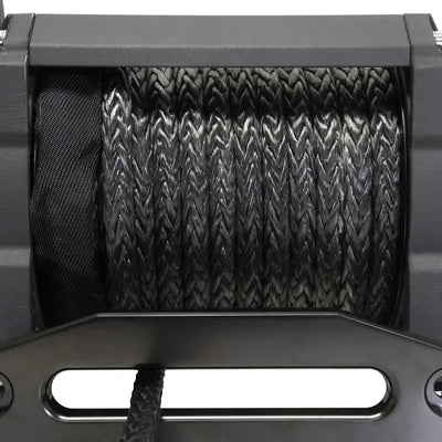 Winch with synthetic rope showcasing Tiger Shark 18000SR for heavy-duty towing and pulling