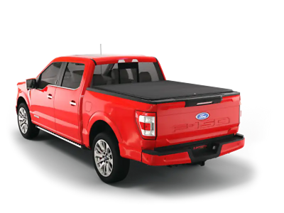 Red Ford F-150 pickup truck with tonneau cover.