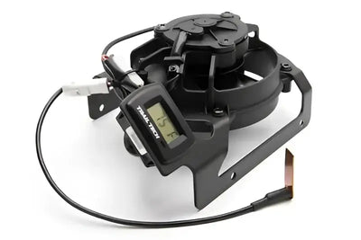 Trail Tech 732-FN14 Fan Kit for Beta/Gas-Gas with adjustable temperature trigger, fused wire harness, and digital temperature display.