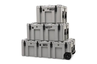 Stack of three light gray Truck Gear STRCS130 TGR Expedition Storage Cases with wheels