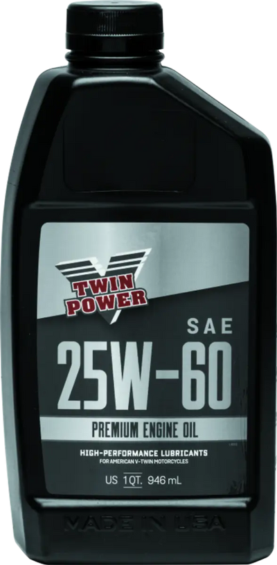 Black bottle of Twin Power 25W60 Premium Oil Quart for engine protection and performance