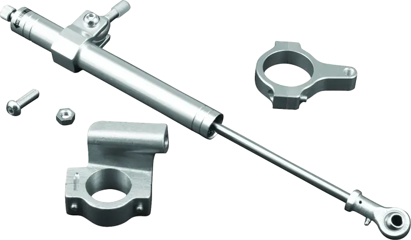 Silver steering damper with mounting hardware for Twin Power 88-03 XL Satin Steering Damper Kit