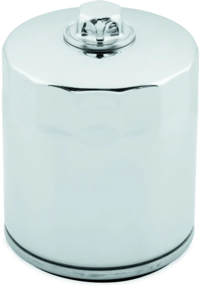 Shiny chrome oil filter with backflow valve for Twin Cam and M8 Harley engines