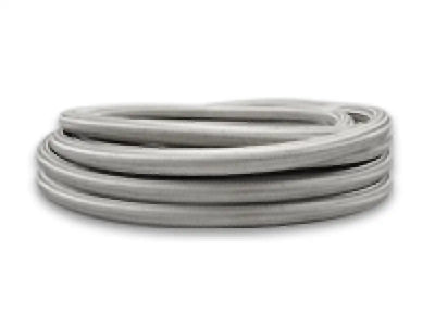 Coiled gray vibrant SS braided flex hose with PTFE liner for easy fitting