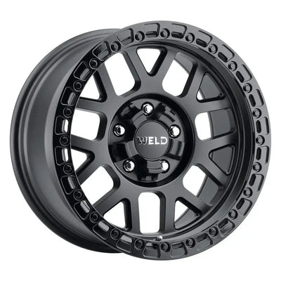 Matte black Weld Off-Road W134 wheel with candy red gloss black ring