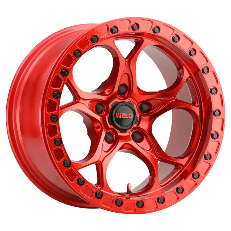 Candy red Weld Off-Road W134 17x9 wheel with gloss black ring