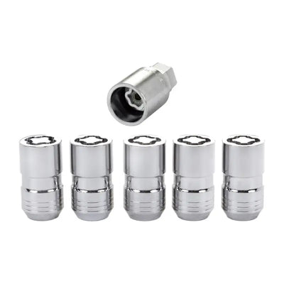 Chrome wheel lock set featuring 14mm x 1.5 thread size and dual hex key wrenches