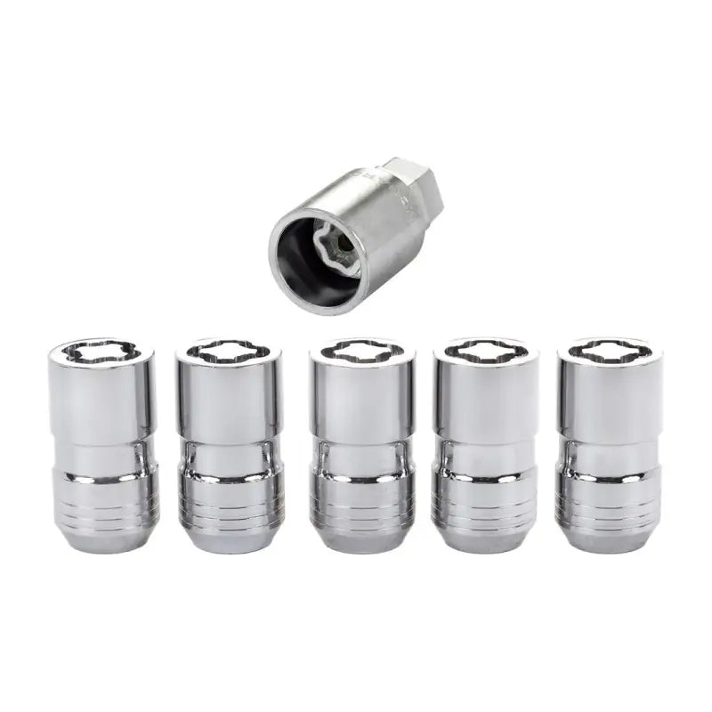 Chrome wheel lock set featuring 14mm x 1.5 thread size and dual hex key wrenches