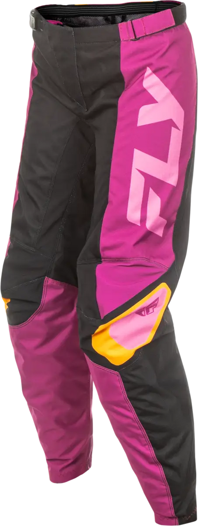 Women*s motocross pants in black and magenta with orange accents, perfect for riding gear