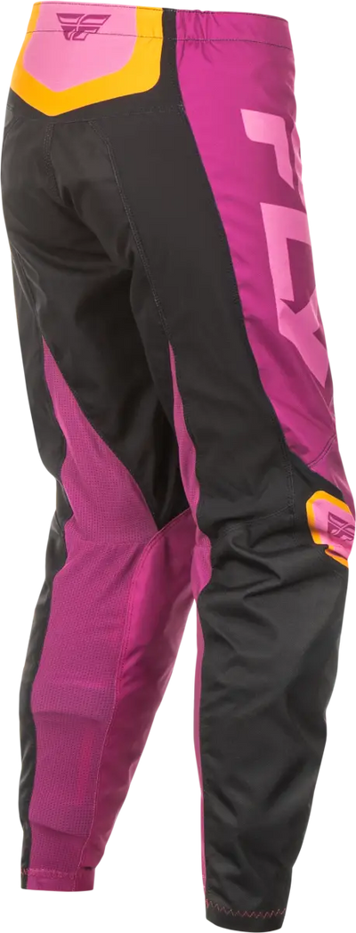 Women’s motocross pants in black and magenta with yellow accents for stylish riding gear