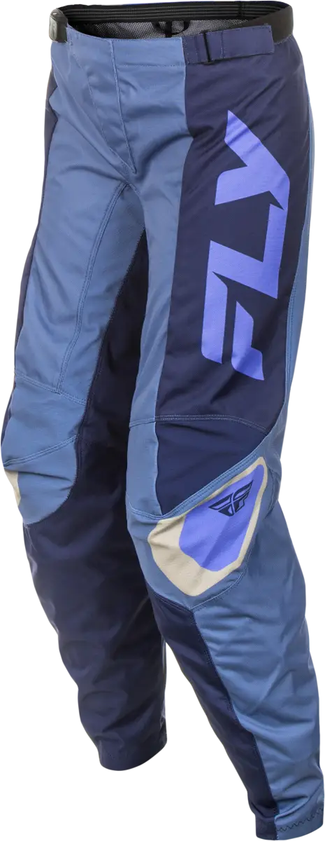 Women*s motocross pants in blue and purple with reinforced knee patch for riding fun