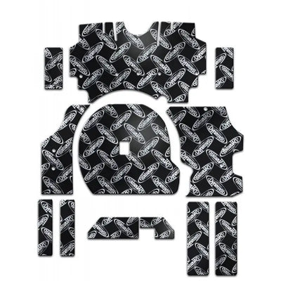 Black and white Audi logo floor mats in Ford Mustang door kit