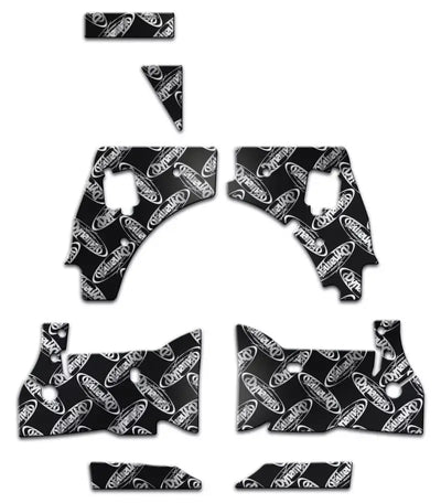 Black and white Ford Mustang fairing kit with repeating logo and superior sound control