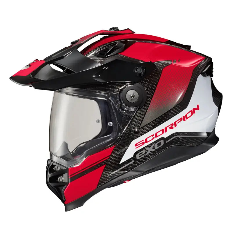 Red and black xt9000 carbon Scorpion Exo Xt9000 helmet with clear visor and peak
