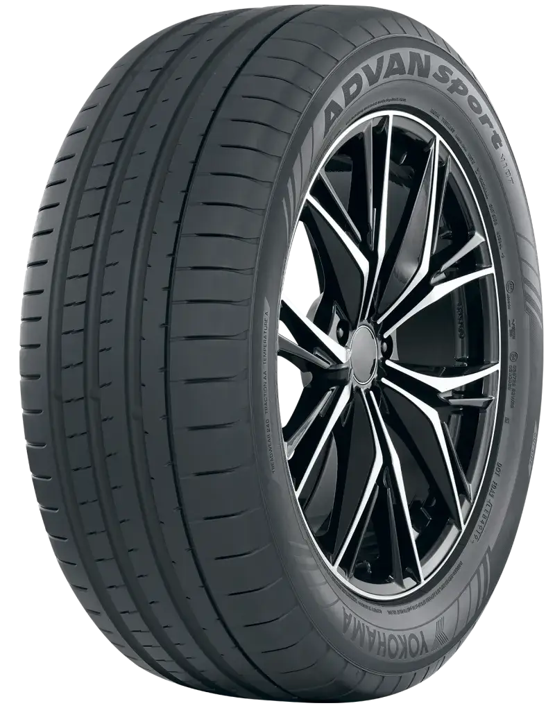 High-performance Yokohama Advan Sport V107 tire with black and white alloy wheel